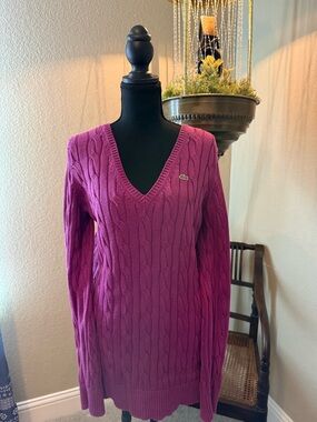 Vintage Lacoste Women's Cable V-Neck Sweater - Fuchsia